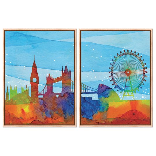 Kit 2 Quadros em Telas Canvas London Aquarela