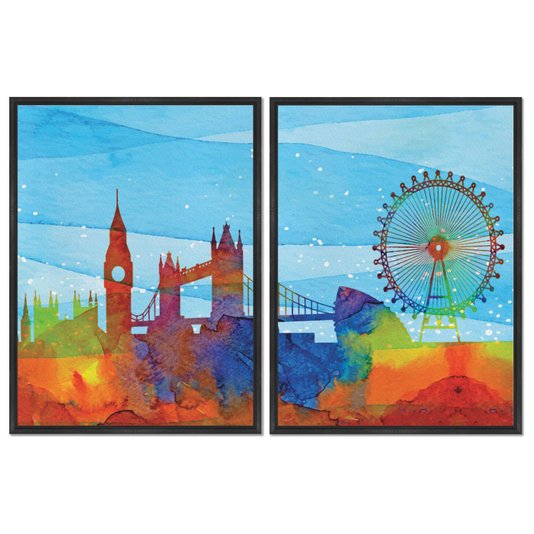 Kit 2 Quadros em Telas Canvas London Aquarela