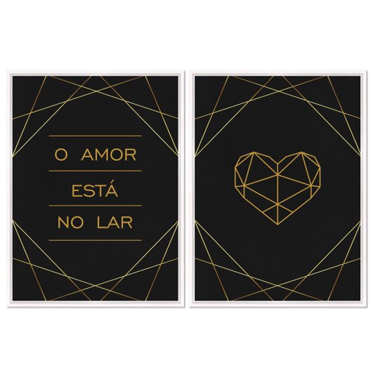 Kit 2 Quadros em Telas Canvas O Amor Está no Lar Coração Geométrico Dourado
