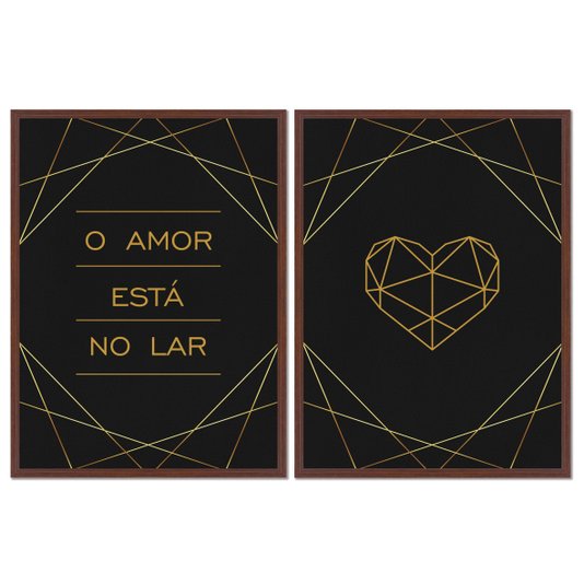 Kit 2 Quadros em Telas Canvas O Amor Está no Lar Coração Geométrico Dourado