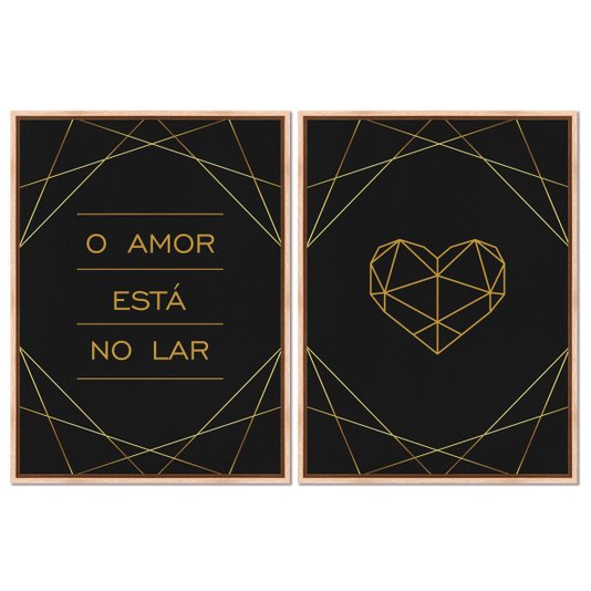 Kit 2 Quadros em Telas Canvas O Amor Está no Lar Coração Geométrico Dourado