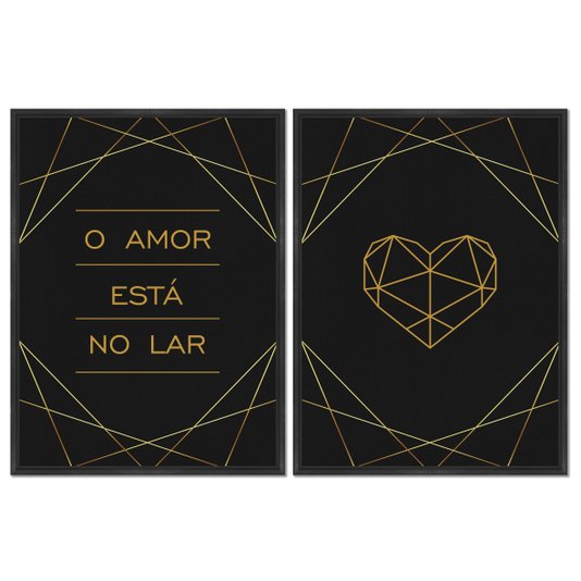Kit 2 Quadros em Telas Canvas O Amor Está no Lar Coração Geométrico Dourado