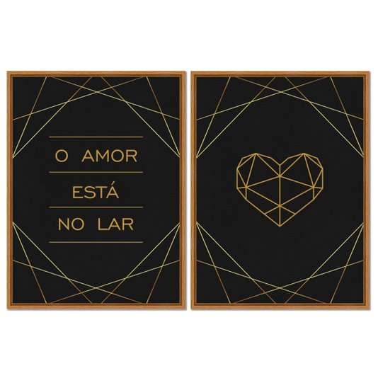 Kit 2 Quadros em Telas Canvas O Amor Está no Lar Coração Geométrico Dourado