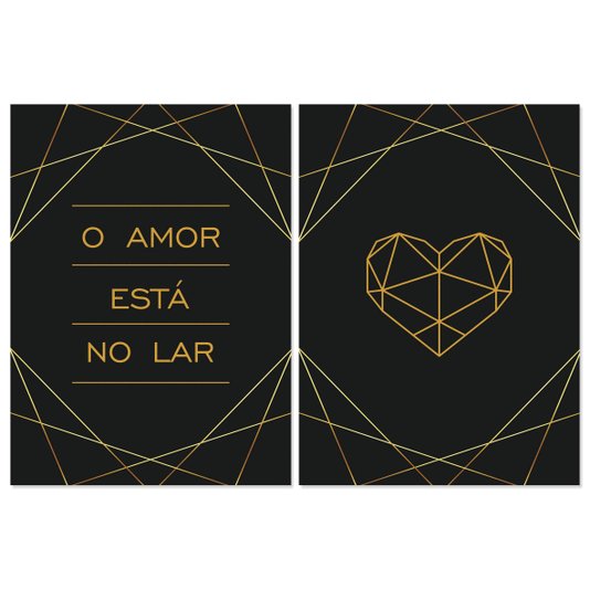Kit 2 Quadros em Telas Canvas O Amor Está no Lar Coração Geométrico Dourado