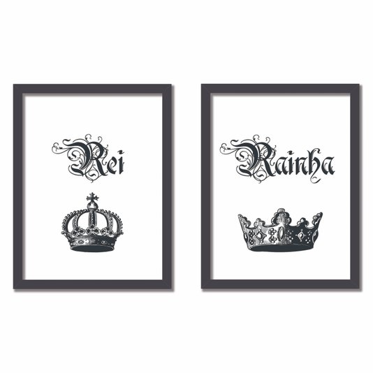Kit 2 Quadros Frase: Rei e Rainha Preto e Branco