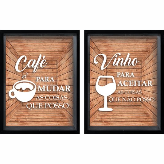 Kit 2 Quadros - Porta Grão de Café  Café Para Mudar o Que Posso e Porta Rolha Vinho Para Aceitar o Que Não Posso