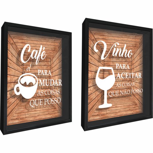Kit 2 Quadros - Porta Grão de Café  Café Para Mudar o Que Posso e Porta Rolha Vinho Para Aceitar o Que Não Posso