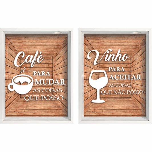 Kit 2 Quadros - Porta Grão de Café  Café Para Mudar o Que Posso e Porta Rolha Vinho Para Aceitar o Que Não Posso