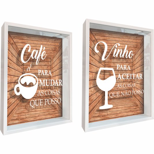 Kit 2 Quadros - Porta Grão de Café  Café Para Mudar o Que Posso e Porta Rolha Vinho Para Aceitar o Que Não Posso
