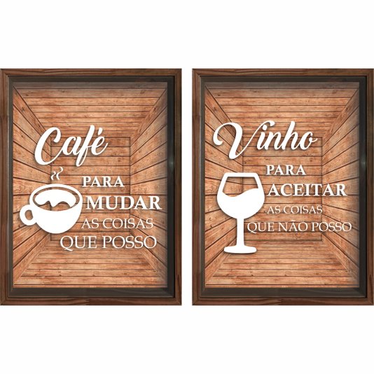 Kit 2 Quadros - Porta Grão de Café  Café Para Mudar o Que Posso e Porta Rolha Vinho Para Aceitar o Que Não Posso
