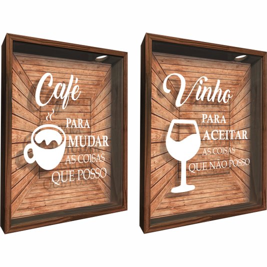 Kit 2 Quadros - Porta Grão de Café  Café Para Mudar o Que Posso e Porta Rolha Vinho Para Aceitar o Que Não Posso