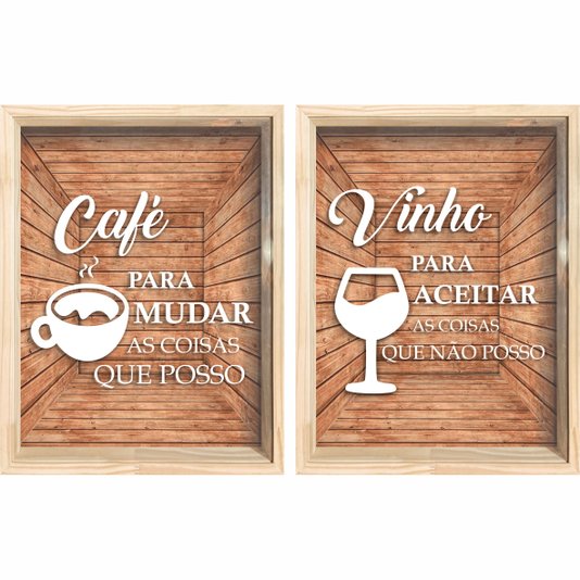 Kit 2 Quadros - Porta Grão de Café  Café Para Mudar o Que Posso e Porta Rolha Vinho Para Aceitar o Que Não Posso