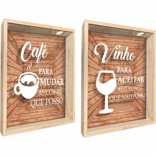 Kit 2 Quadros - Porta Grão de Café  Café Para Mudar o Que Posso e Porta Rolha Vinho Para Aceitar o Que Não Posso