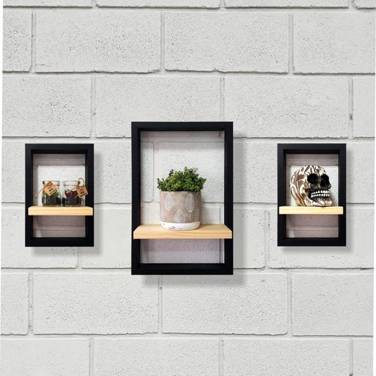 Kit 3 Prateleiras Quadro Nicho Flutuante Decorativa de Parede - 1un 30x45cm e 2un 20x30cm