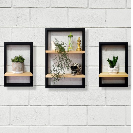 Kit 3 Prateleiras Quadro Nicho Flutuante Decorativa de Parede - 1un 40x60cm e 2un 30x45cm