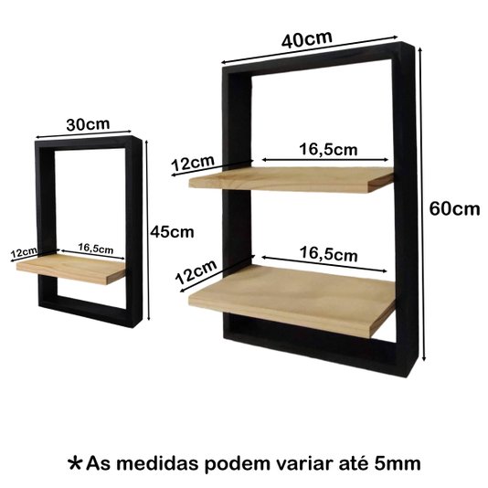 Kit 3 Prateleiras Quadro Nicho Flutuante Decorativa de Parede - 1un 40x60cm e 2un 30x45cm