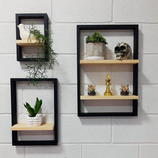 Kit 3 Prateleiras Quadro Nicho Flutuante Decorativa de Parede - Tamanhos Variados