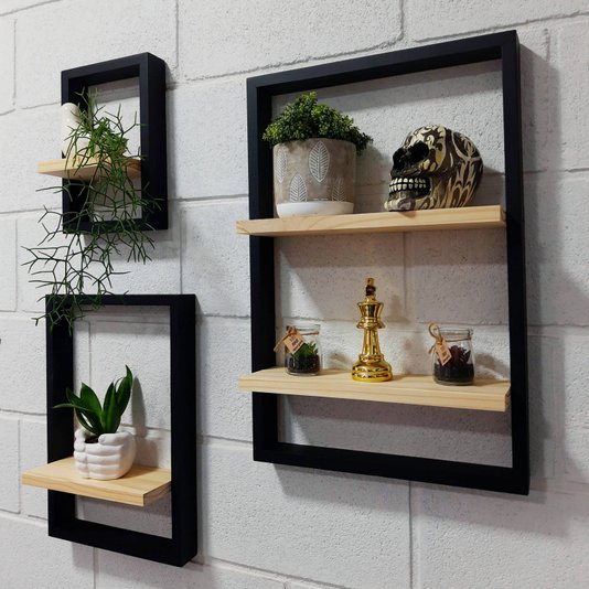 Kit 3 Prateleiras Quadro Nicho Flutuante Decorativa de Parede - Tamanhos Variados