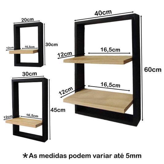 Kit 3 Prateleiras Quadro Nicho Flutuante Decorativa de Parede - Tamanhos Variados