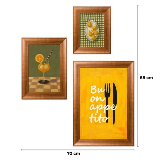 Kit 3 Quadros Decorativos Composição "Buon Appetito" com Drinks e Limões Decoração Vintage para Cozinha e Copa