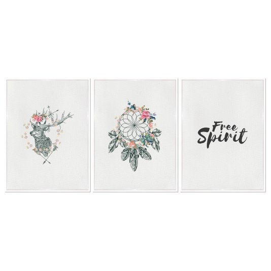 Kit 3 Quadros em Telas Canvas Frase "Free Spirit" Boho Style