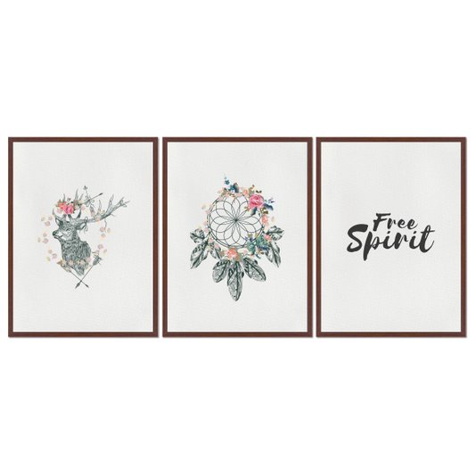 Kit 3 Quadros em Telas Canvas Frase "Free Spirit" Boho Style