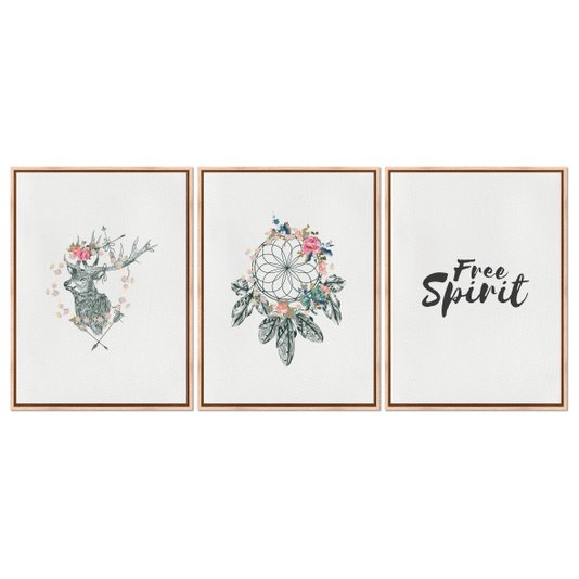Kit 3 Quadros em Telas Canvas Frase "Free Spirit" Boho Style