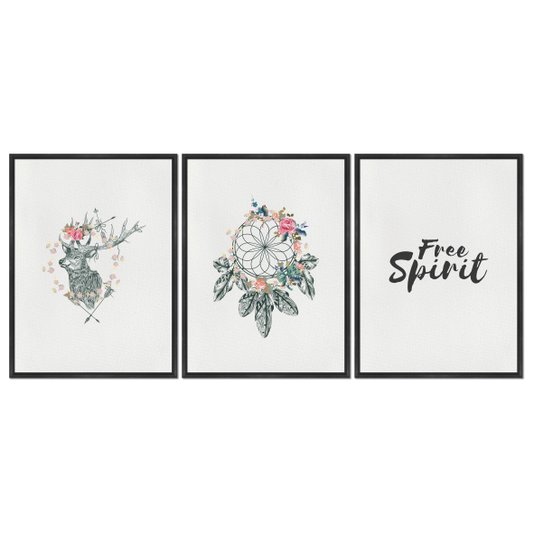 Kit 3 Quadros em Telas Canvas Frase "Free Spirit" Boho Style