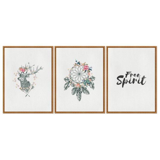 Kit 3 Quadros em Telas Canvas Frase "Free Spirit" Boho Style