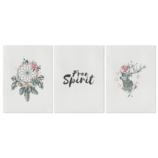 Kit 3 Quadros em Telas Canvas Frase "Free Spirit" Boho Style