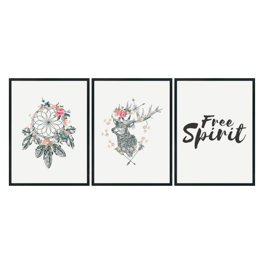 Kit 3 Quadros Frase: "Free Spirit" Boho Style