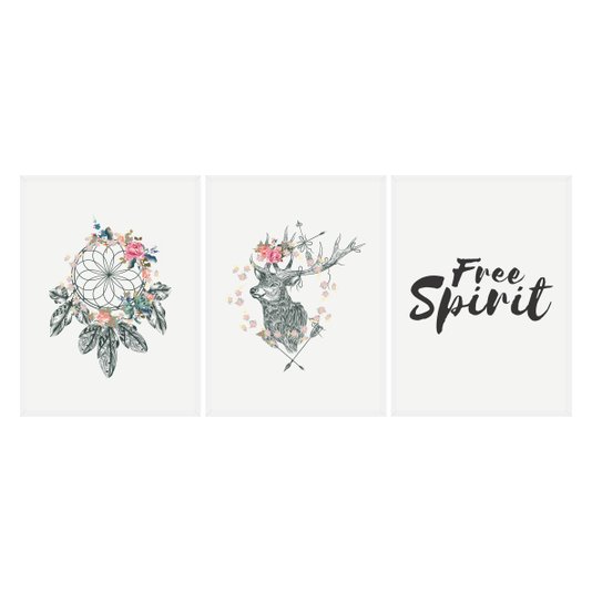Kit 3 Quadros Frase: "Free Spirit" Boho Style