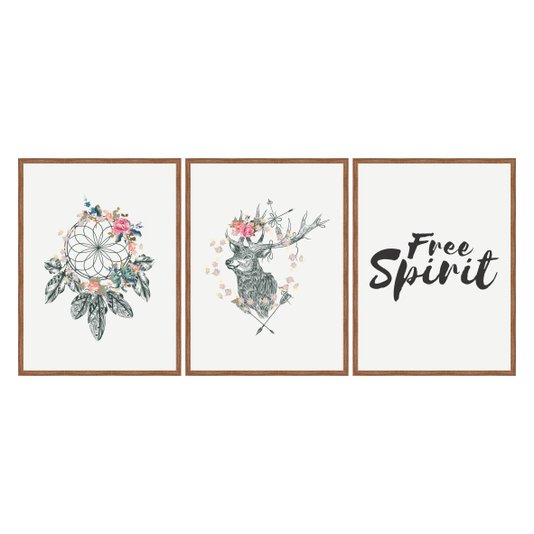 Kit 3 Quadros Frase: "Free Spirit" Boho Style