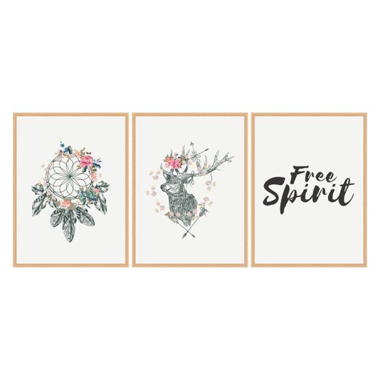 Kit 3 Quadros Frase: "Free Spirit" Boho Style