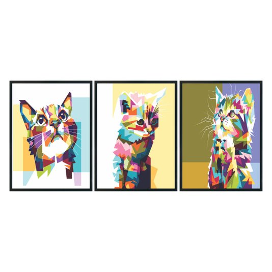 Kit 3 Quadros Gatos Pop Art Colorido