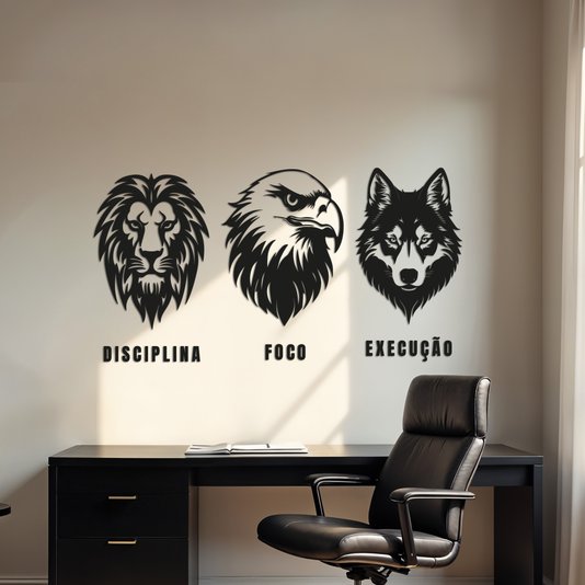Kit 3 Quadros Pe Parede 3D Disciplina Foco Execução  Mdf 3mm