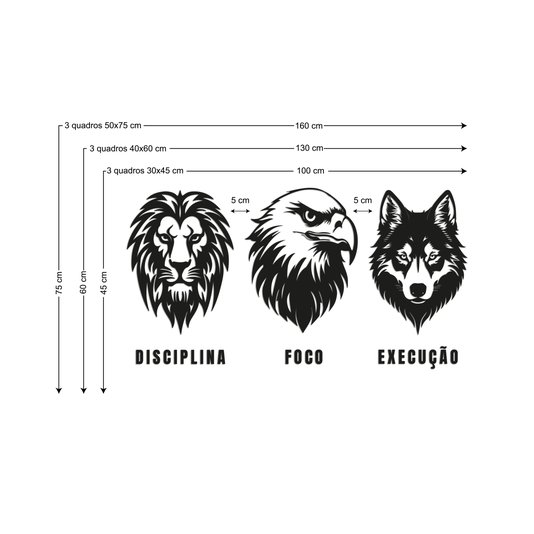 Kit 3 Quadros Pe Parede 3D Disciplina Foco Execução  Mdf 3mm