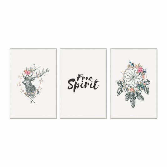 Kit 3 Telas Decorativas em Tecido Canvas Frase "Free Spirit" Boho Style