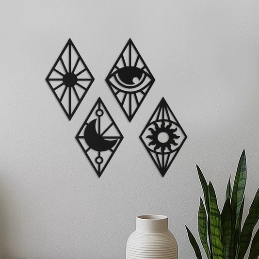 Kit 4 Apliques Decorativo de Parede em MDF Preto Vazado Arte Geométrica com Losangos, Olho Místico, Sol e Lua