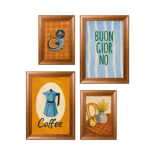 Kit 4 Quadros Decorativos Composição Tema Café e Moka Ideal para Cozinha, Copa e Cantinho do Café