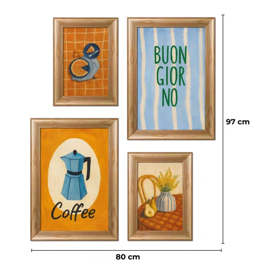 Kit 4 Quadros Decorativos Composição Tema Café e Moka Ideal para Cozinha, Copa e Cantinho do Café