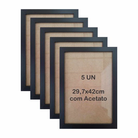 Kit 5 Molduras A3 29,7x42cm em Moldura Lisa Revestida com MDF e Acetato - 2x1