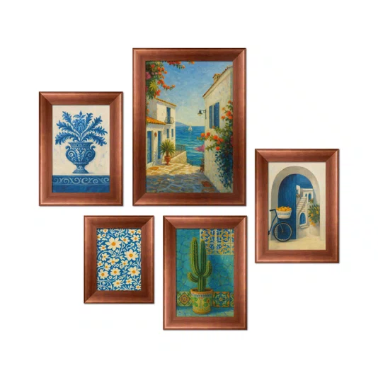 Kit 5 Quadros Decorativos Mid-Century Vintage Arte Mediterrânea para Cozinha, Sala de Jantar ou Café