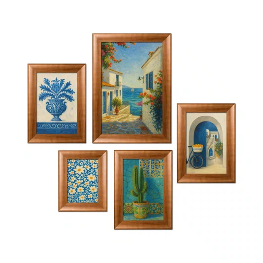 Kit 5 Quadros Decorativos Mid-Century Vintage Arte Mediterrânea para Cozinha, Sala de Jantar ou Café