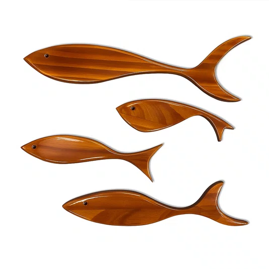 Kit com 4 Peixes em Madeira Pinus Decoração Náutica, Estilo Praia, Arte de Parede Costeira para Sala, Quarto ou Varanda