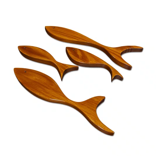 Kit com 4 Peixes em Madeira Pinus Decoração Náutica, Estilo Praia, Arte de Parede Costeira para Sala, Quarto ou Varanda