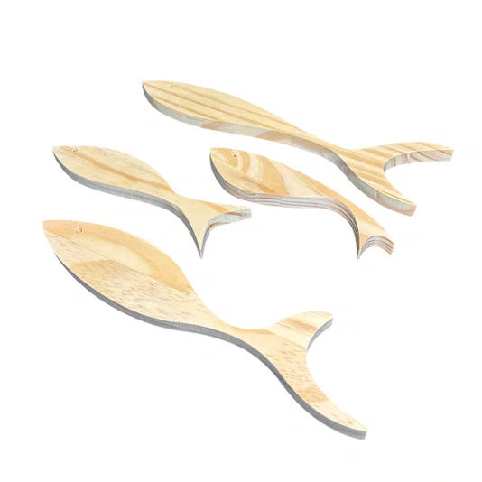 Kit com 4 Peixes em Madeira Pinus Decoração Náutica, Estilo Praia, Arte de Parede Costeira para Sala, Quarto ou Varanda