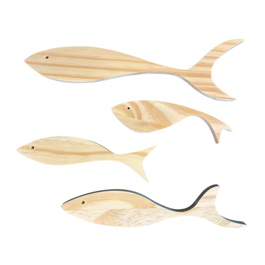 Kit com 4 Peixes em Madeira Pinus Decoração Náutica, Estilo Praia, Arte de Parede Costeira para Sala, Quarto ou Varanda