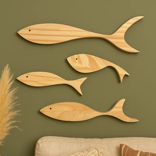 Kit com 4 Peixes em Madeira Pinus Decoração Náutica, Estilo Praia, Arte de Parede Costeira para Sala, Quarto ou Varanda