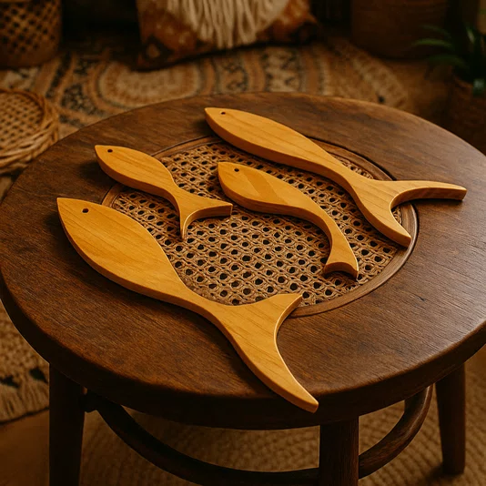 Kit com 4 Peixes em Madeira Pinus Decoração Náutica, Estilo Praia, Arte de Parede Costeira para Sala, Quarto ou Varanda